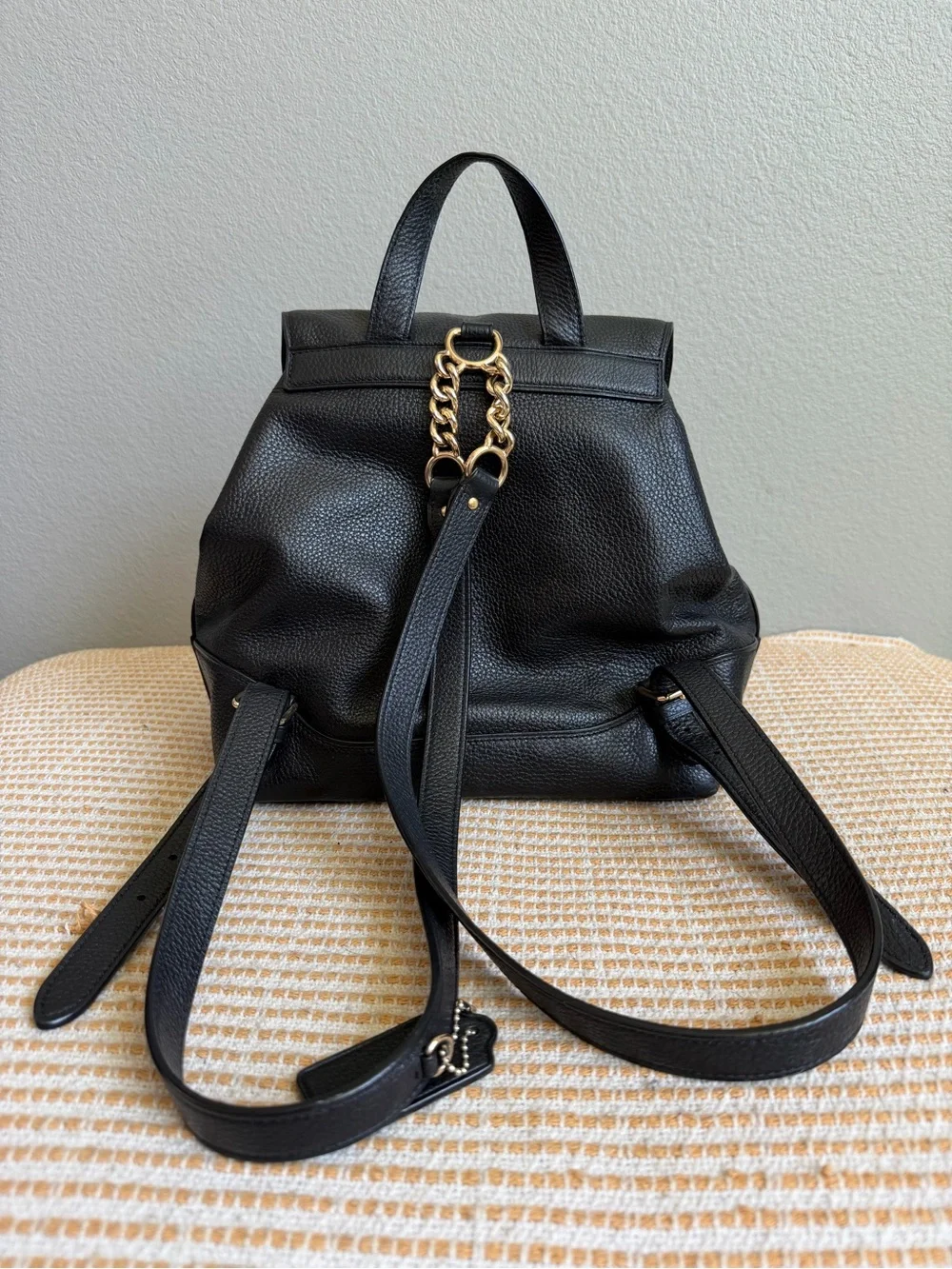 Coach Elle Backpack Black Pebbled Leather Gold Chain F72645